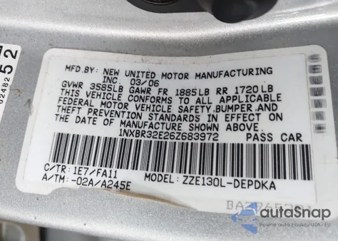 2006 Toyota Corolla Ce z USA, uszkodzony, nr VIN 1NXBR32E26Z683972